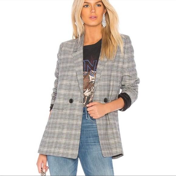 ANINE BING Madeleine Houndstooth Plaid Blazer Black Yellow & Blue M - Picture 2 of 10